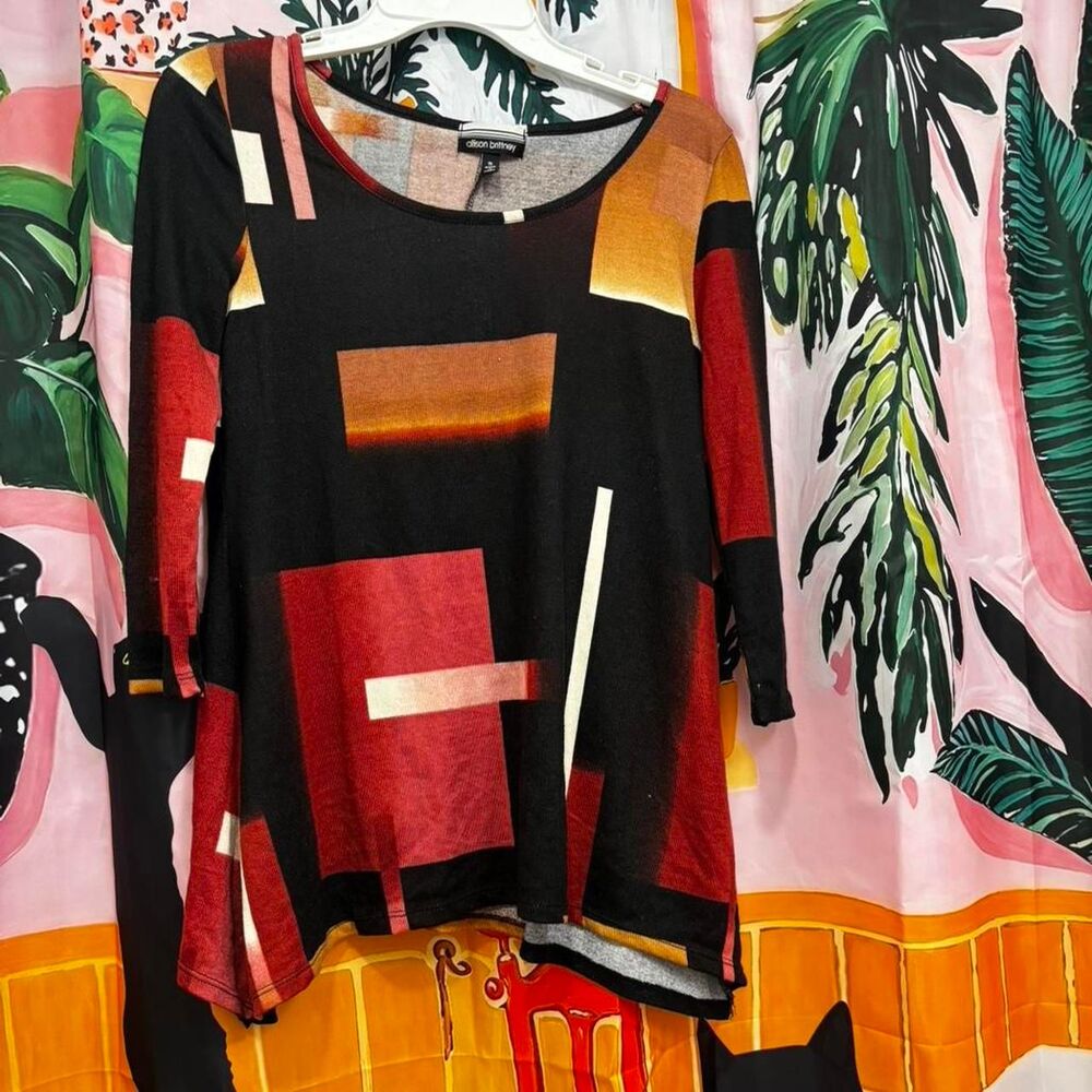 Allison Brittney black and red abstract print long sleeve top